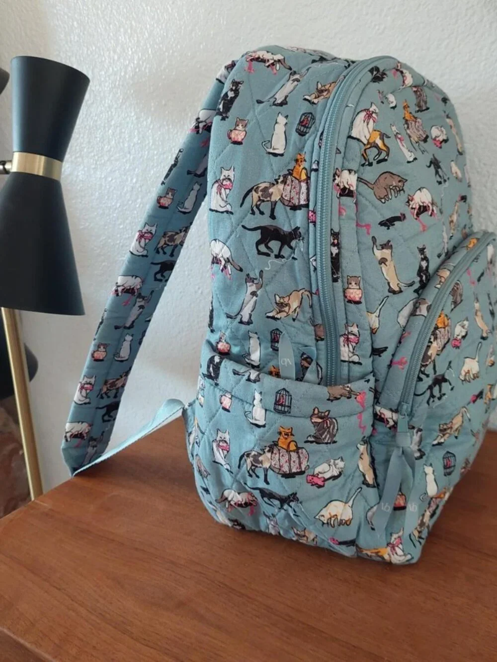vera bradley cats meow Blue cat print backpack with multiple cat illustrations #